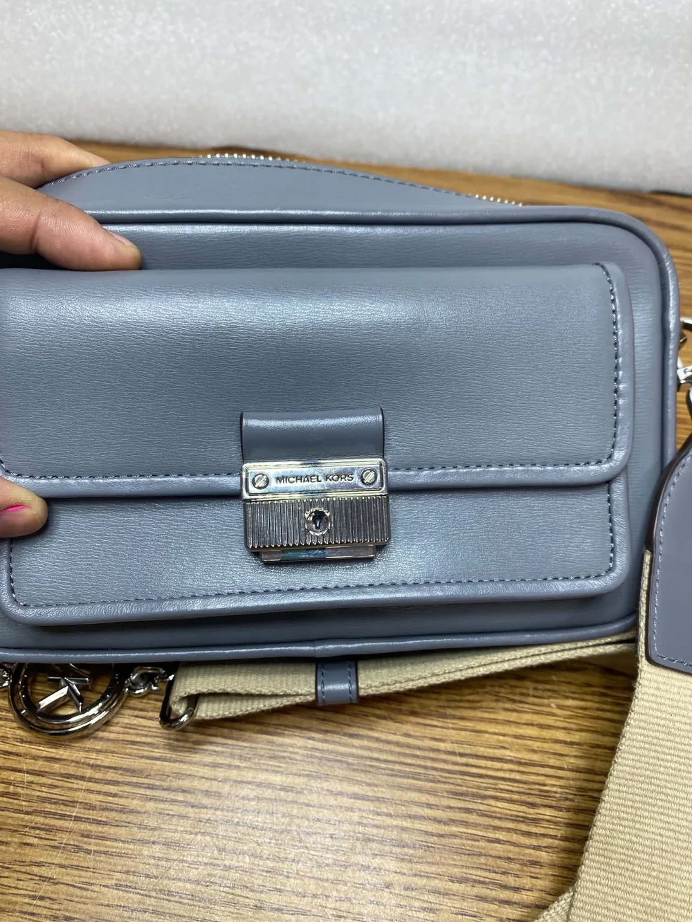 Michael Kors Grey Leather Crossbody Bag with Beige Strap